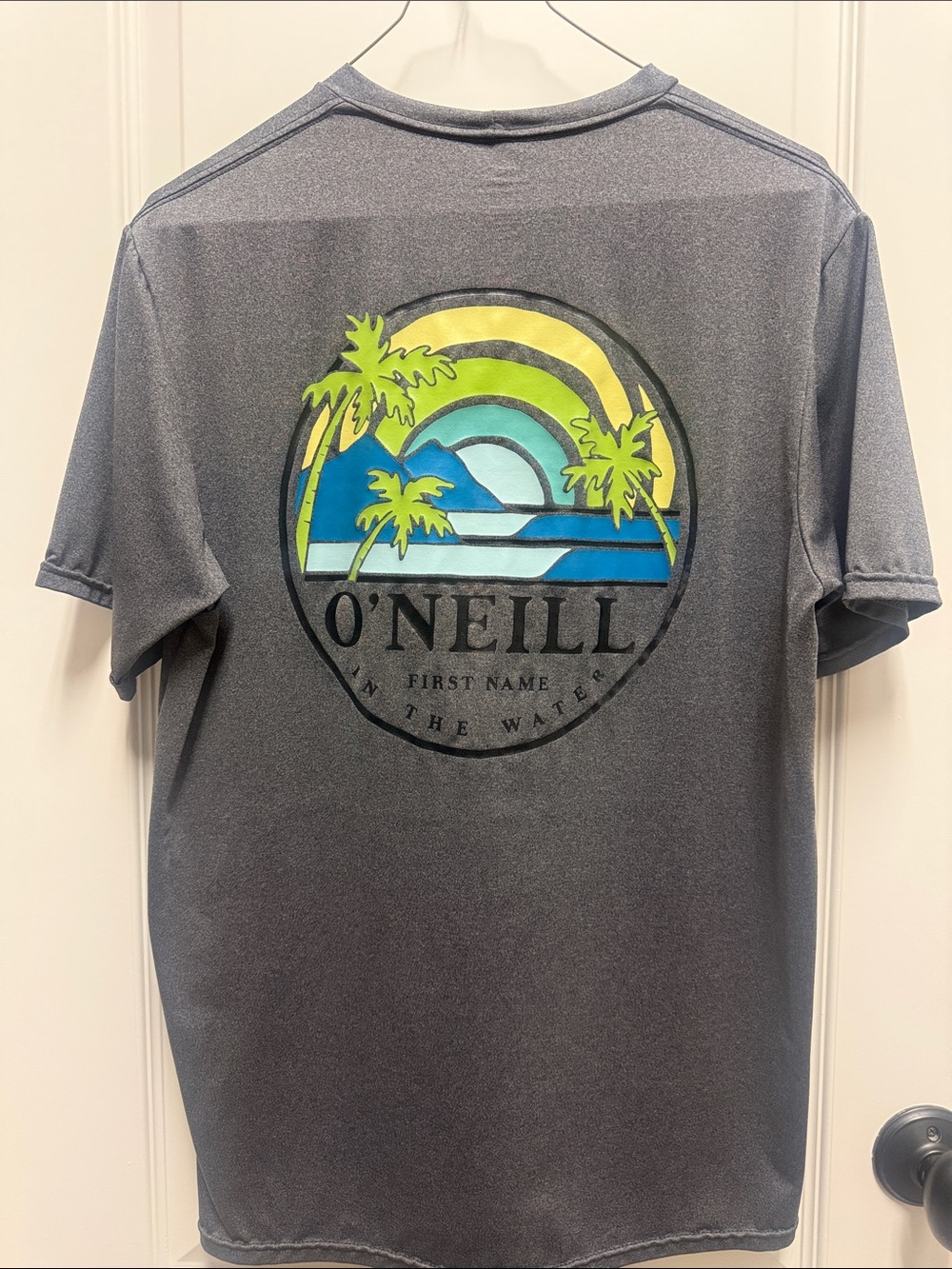 O'Neill Gray Short Sleeve Tee with Colorful Surf Graphic